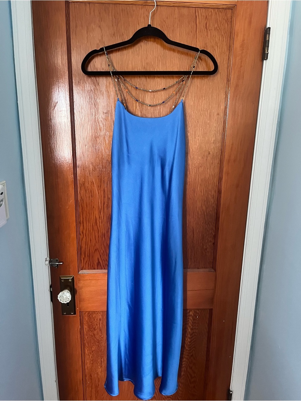 Blue Satin Slip Dress with Beaded Straps